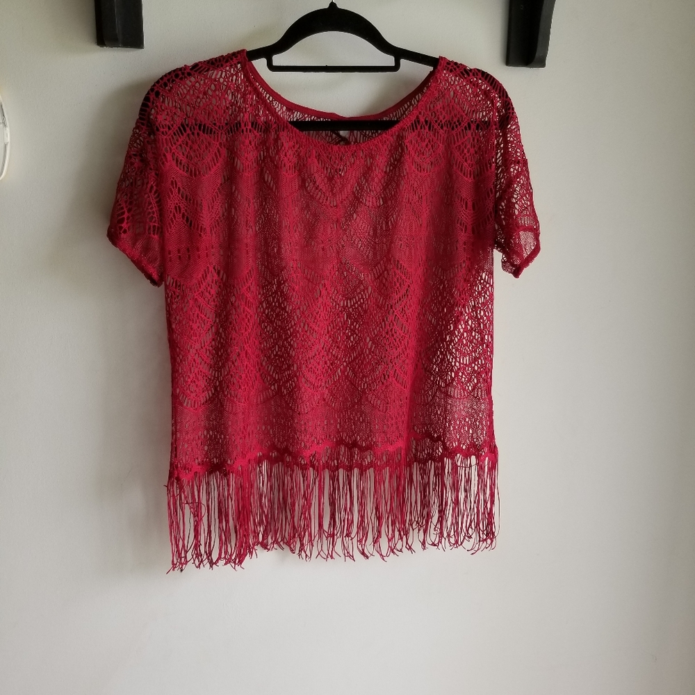 👚STRADIVARIUS RED LACE TOP WITH FRINGE DETAIL